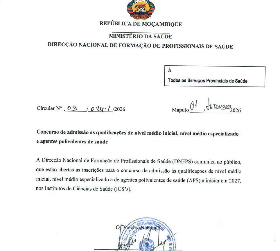 Edital de Exames de admissao ao Cursos de SAude de Nivel Medio
