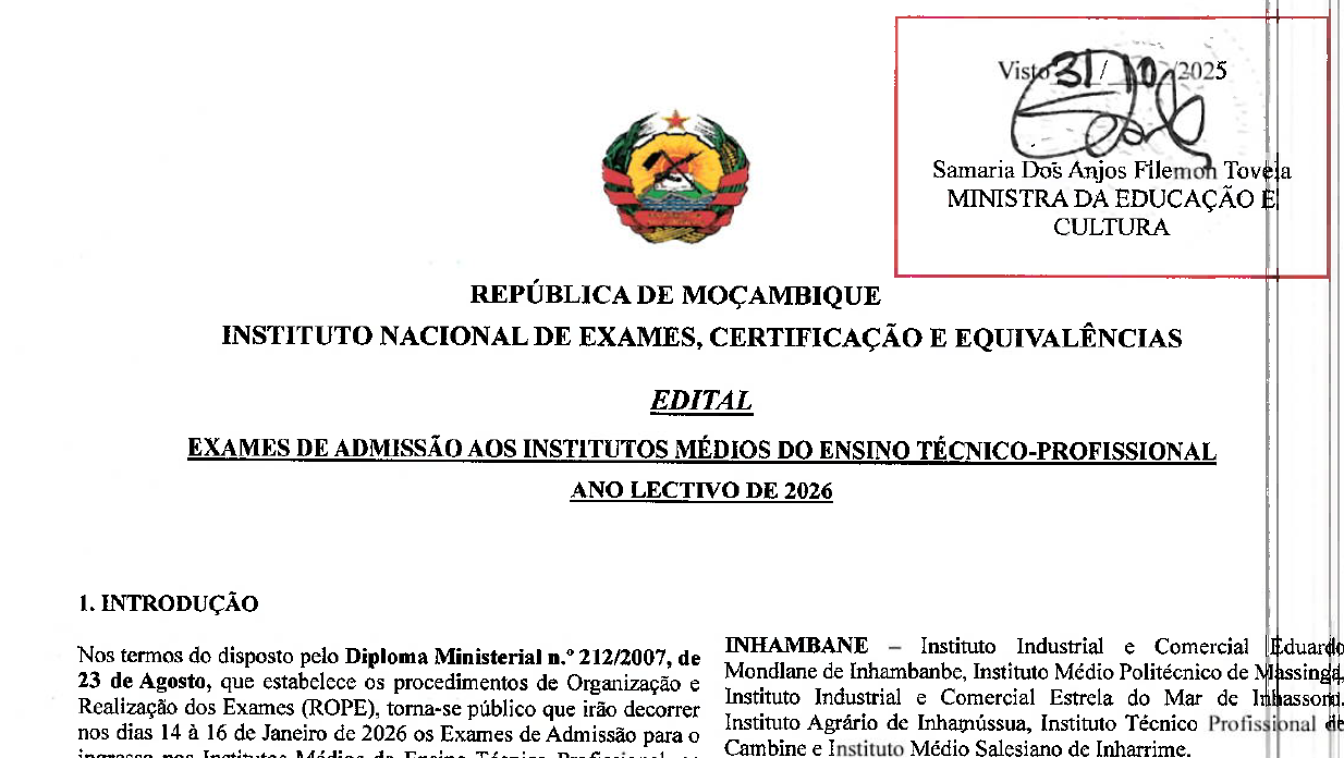  EDITAL DE EXAMES DE ADMISSÃO AOS INSTITUTOS MÉDIOS DO ENSINO TÉCNICO-PROFISSIONAL